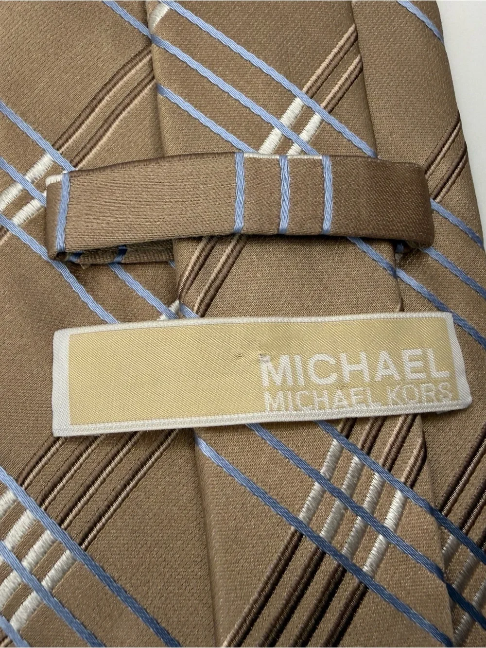 Michael Kors Mens Silk Necktie Taupe Brown Blue Plaid Check Satin Tie